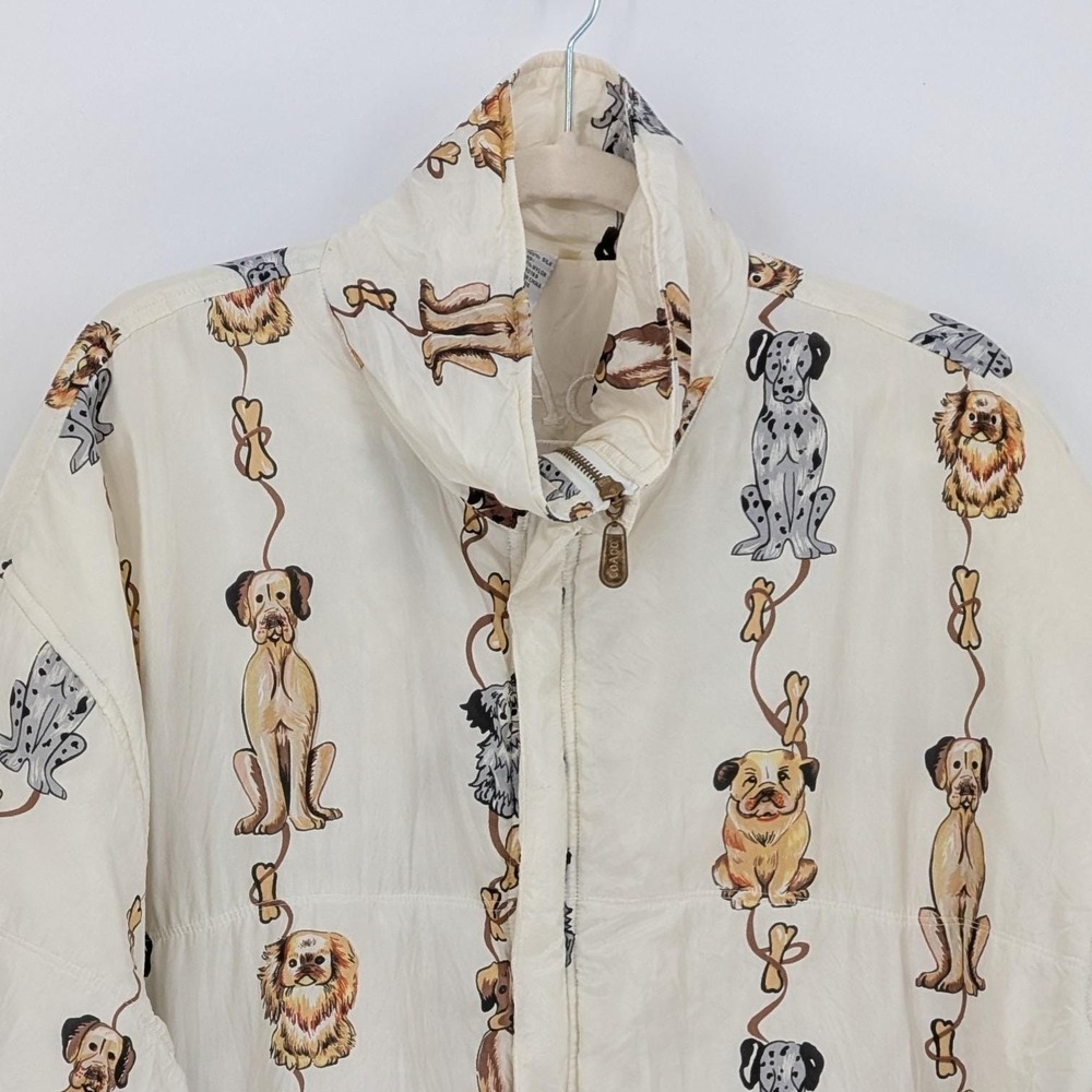 Vintage 90s CoAco $195 XL Ivory Allover Dog Print Silk Quilted Bomber Jacket